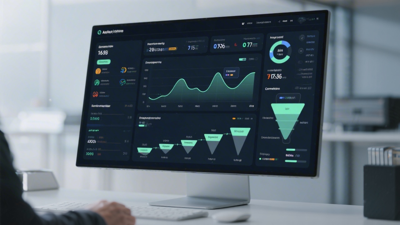 Detailed analytics dashboard with line graphs, engagement metrics, and conversion funnel stages on a sleek widescreen monitor.