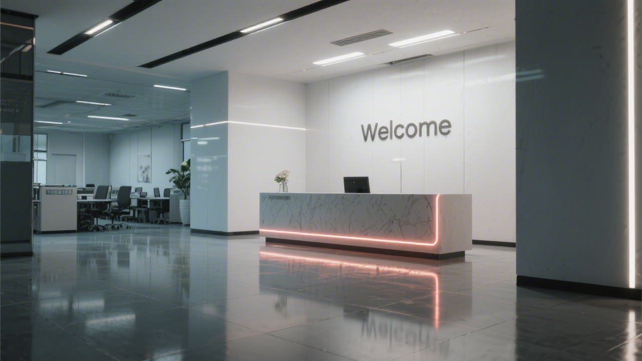 Reception area of a modern Hong Kong office with minimal lighting, a welcome desk, and subtle neon accents reflecting on the floor.