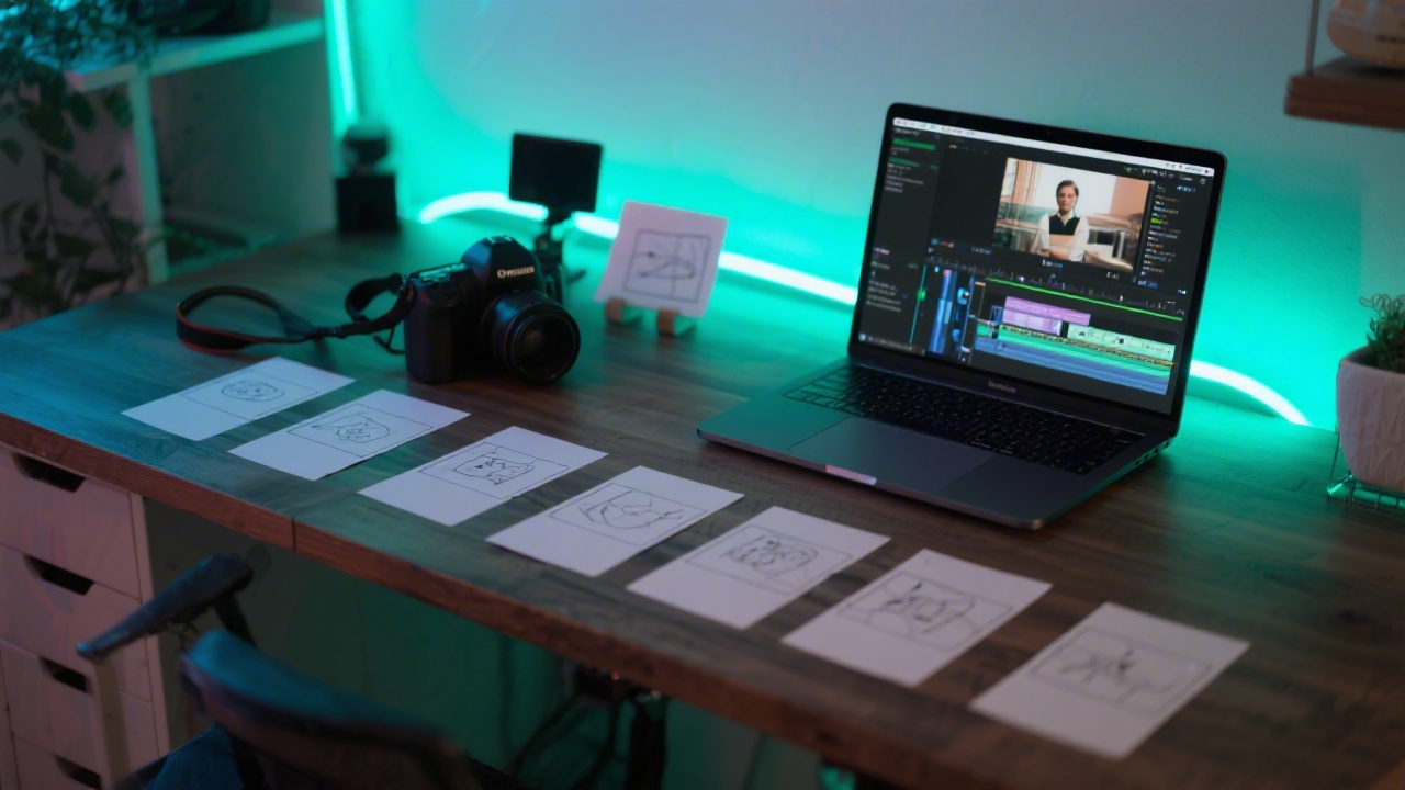 Creative desk with content storyboard cards, a camera, and a laptop showing short-form video editing, lit with neon teal accents.